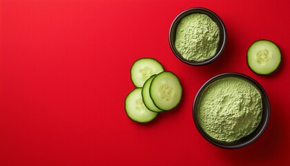 Cucumber vegetable slice extract dried flour on wooden bowl  in red background