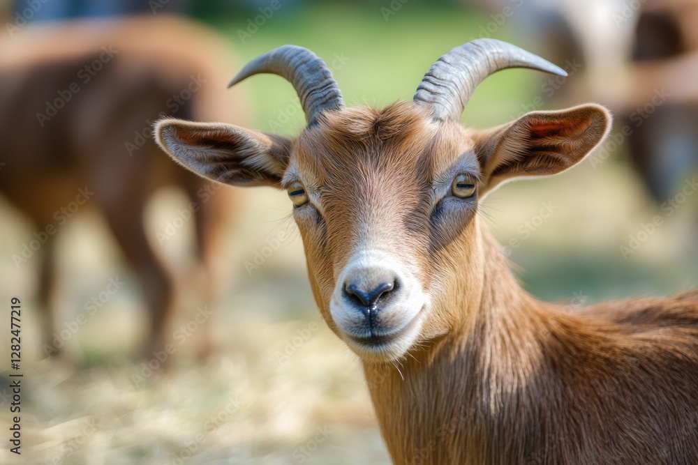 Aufkleber goat stands in a sunny field with a curious expression while other goats graze in the background. ge