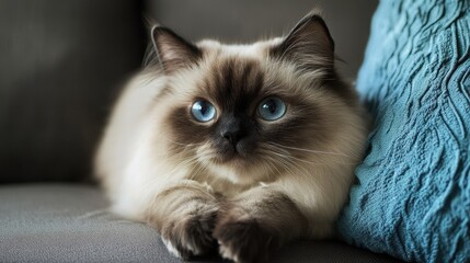 Cat with blue eyes relaxing on a couch in a cozy living room setting