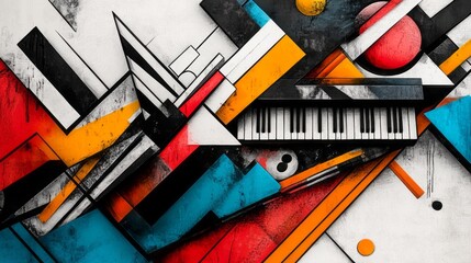 Abstract art featuring a piano keyboard and colorful shapes