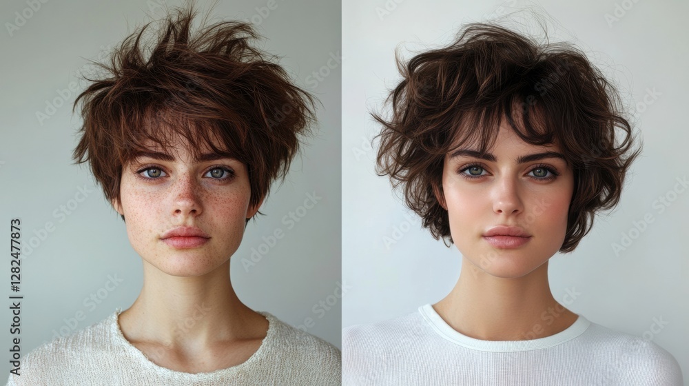 Poster transformation of hairstyle from unkempt to stylish with professional finishing touch and glowing co
