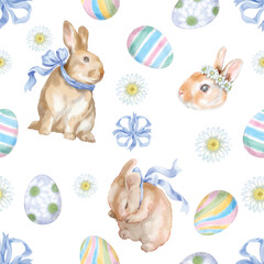 Seamless pattern watercolor stye of Rabbit and Easter Egg  .