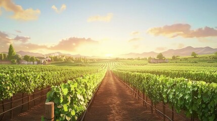 Naklejka premium Serene Vineyard Landscape with Lush Green Grapevines and Vibrant Sunset in Scenic Countryside