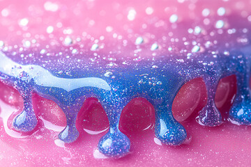 Candy Glossy Glitter Liquid. Shimmery Pink Flow Macro