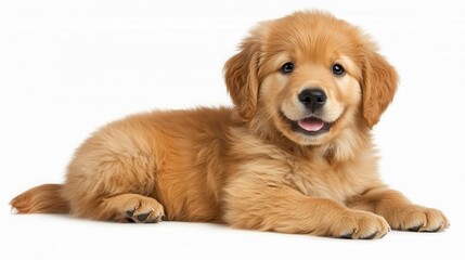 Golden Retriever puppy lying, white background, pet adoption (1)