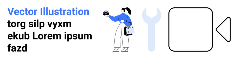 Woman holding tools representing settings, work management. Ideal for technology, teamwork, service, productivity, digital media, support, flat landing page banner