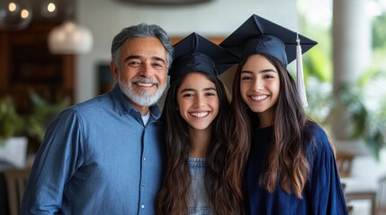 Fototapeta premium Group of three graduates celebrating in caps and gowns outdoors during graduation ceremony