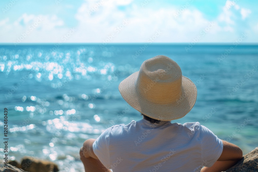 Aufkleber Relaxing by the ocean while wearing a straw hat and enjoying the tranquil sea view during a sunny afternoon. Generative AI