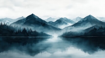 Misty mountain lake reflection, serene landscape, nature wallpaper