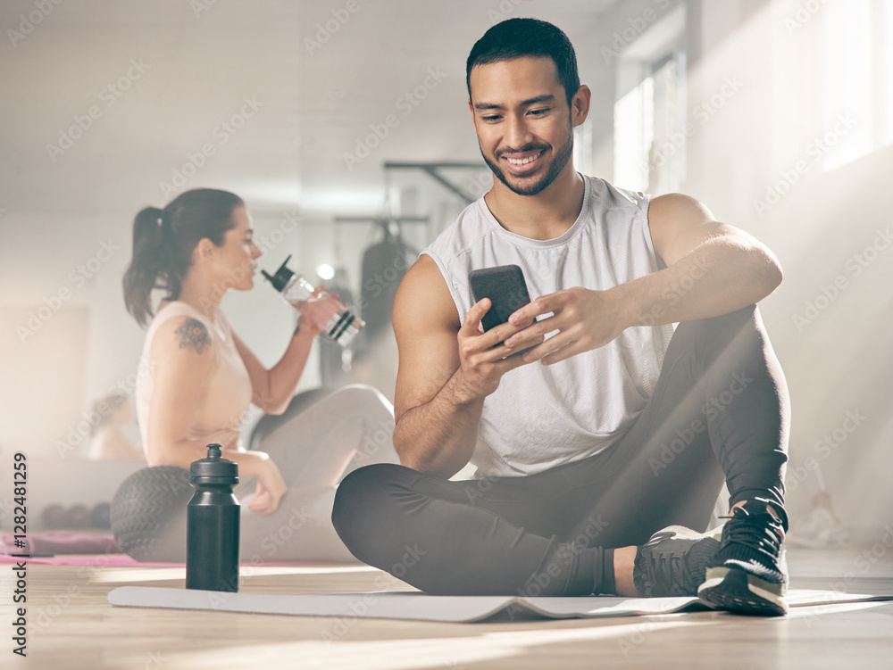 Poster exercise, phone and relax with man in gym to update app, social media or progress tracker. break, fi