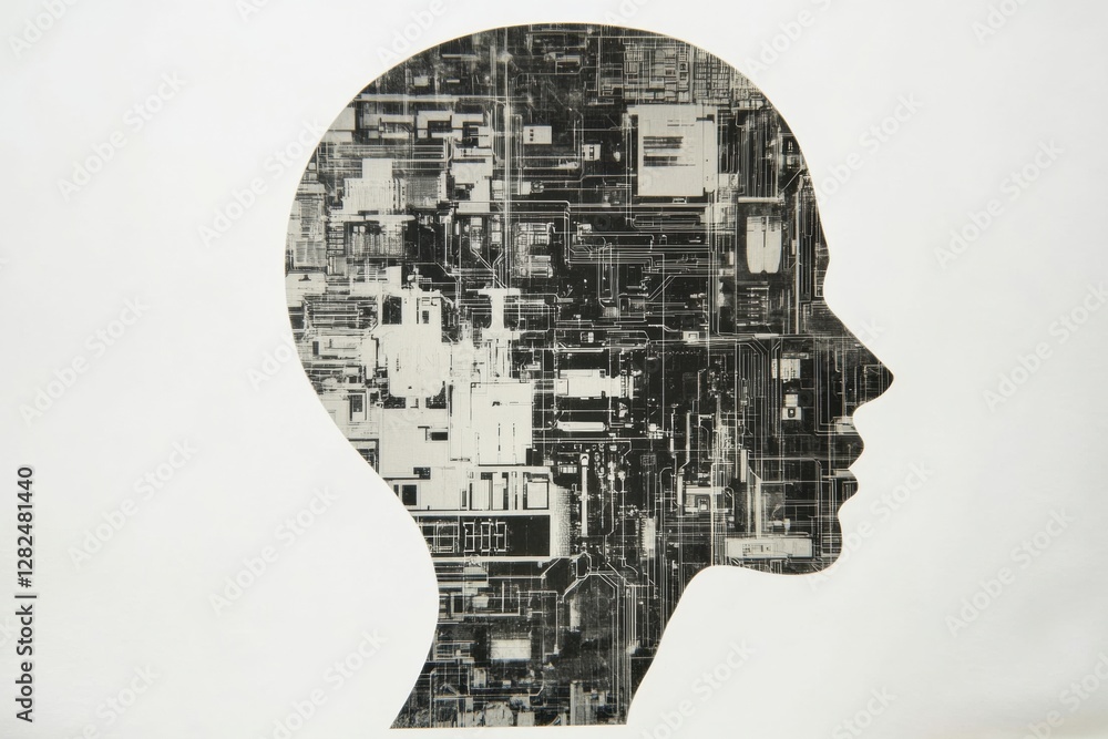 Poster Outline of a human head filled with schematics representing artificial intelligence mechanisms and innovations in technology. Generative AI