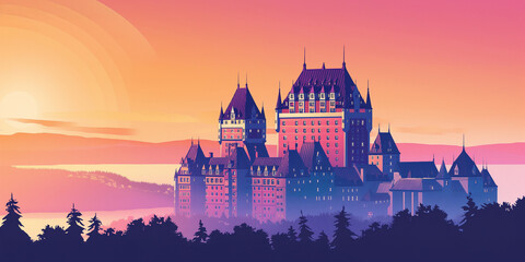 Fototapeta premium Quebec City skyline during a vibrant sunset. Beautiful panoramic view. Flat modern illustration style.