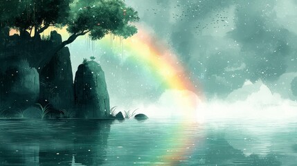 Fototapeta premium Misty lake, rainbow, tranquil scene, fantasy landscape, digital art
