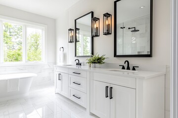 A modern white bathroom with a double vanity, a black accent mirror, and a tile floor in the home interior design of a new house. 