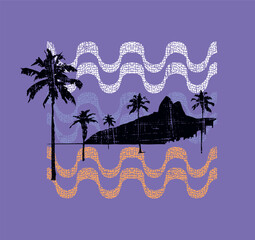 Vector illustration of silhouette and mountains in tropical coastal landscape. Editable art alluding to the city of Rio de Janeiro, Brazil.