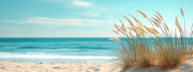 A serene beach scene with grass and sand