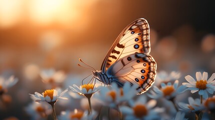 Obraz premium A vibrant butterfly perched on blooming daisies during a golden sunset, capturing nature's beauty