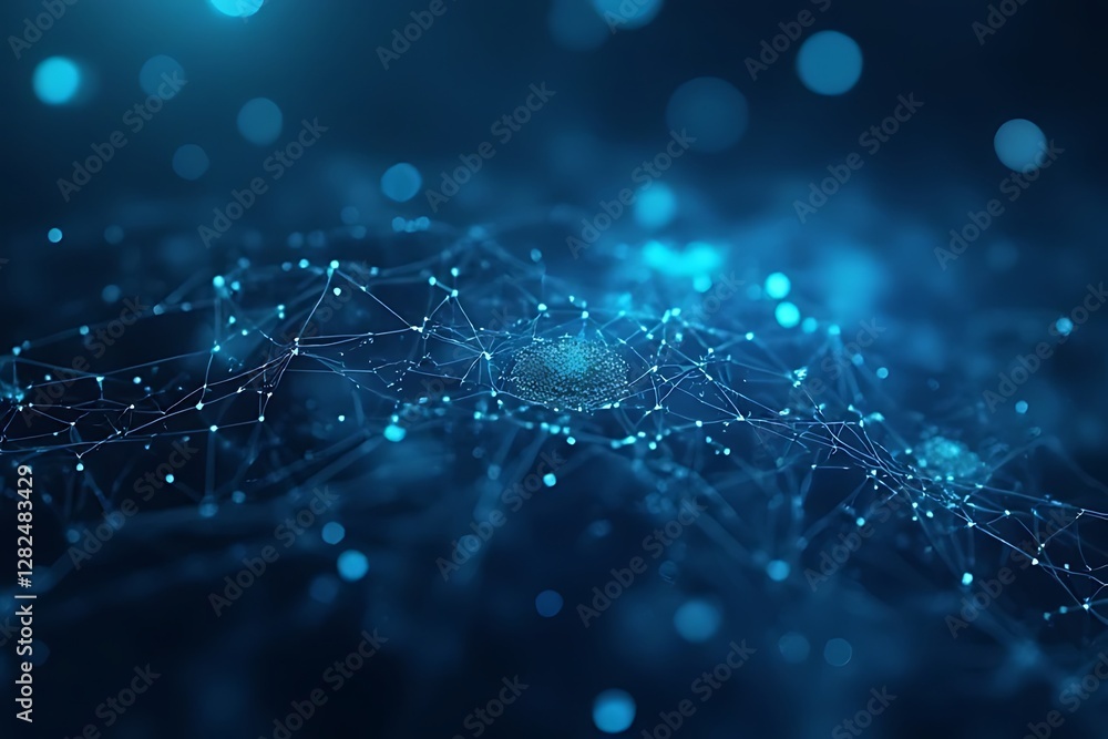 Poster an abstract, interconnected network of glowing blue dots and lines in dark backdrop.