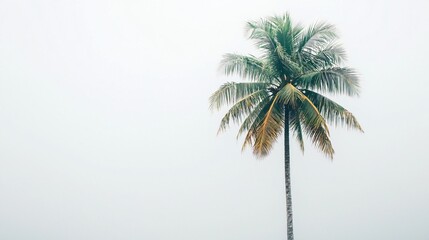 Lonely palm tree in misty coastal weather. Travel brochure use