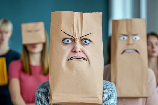 Unsatisfied customers in bad mood with paper bags on heads Portrait of incognito woman wearing brown shopping bag with angry face expression standing in front and other displeased people in