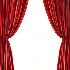 Red velvet curtains stage opening, white background, theatrical performance