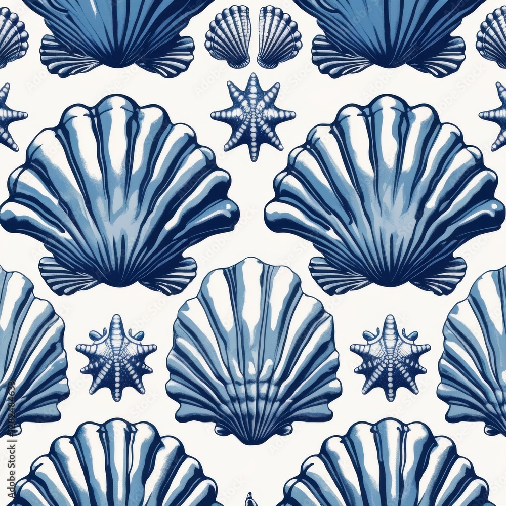 Aufkleber a seamless tile pattern featuring intricate seashell motifs, each uniquely shaped and detailed in sh