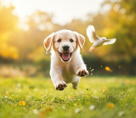 Fototapeta na wymiar A cute, happy puppy running on the grass. A golden retriever is playing with its family in the garden. A small, white dog is jumping and barking, having fun at home. A playful, little yellow Labrador 