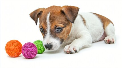 Puppy playing with yarn balls on white