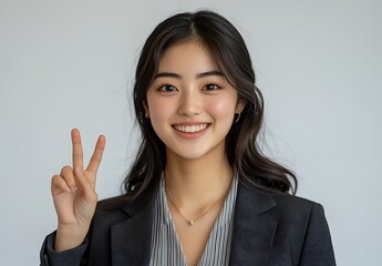 Smiling Young Asian Woman in Business Suit Showing Peace Sign