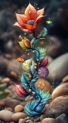 Naklejka premium Surreal digital illustration of a glowing, multicolored plant with twisted stem and vibrant flowers