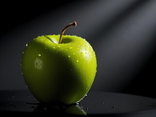 A glossy green apple with water droplets, subtle dimples, and a curved stem, illuminated against a deep black background, glowing with realistic depth and detail.