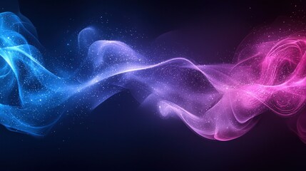 Blue pink smoke stream flows and swirls in dark background for wallpaper graphics