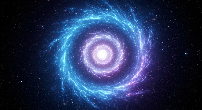 Spiral galaxy, cosmic swirl, vibrant blue and purple nebula, starry background, deep space, celestial vortex, astronomical phenomenon, dynamic energy, cosmic dance, interstellar clouds, luminous spira