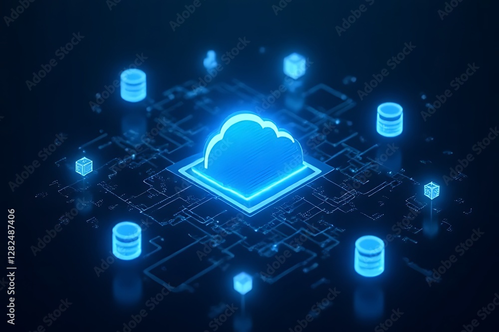 Poster blue cloud symbol connects to databases, representing advanced cloud computing technology systems.