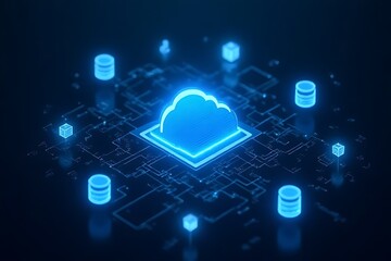 Fototapeta premium Blue cloud symbol connects to databases, representing advanced cloud computing technology systems.
