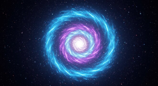 Spiral galaxy, cosmic swirl, vibrant blue and purple nebula, starry background, deep space, celestial vortex, astronomical phenomenon, dynamic energy, cosmic dance, interstellar clouds, luminous spira
