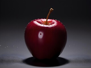 A vibrant red apple with a glossy surface sits against a black background, lit to reveal its texture, water droplets, and rich brown stem, with crisp shadows and soft reflections.