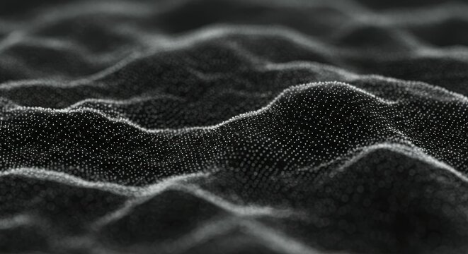 Black and white, abstract waves, microscopic view, granular texture, sand-like particles, undulating surface, moody lighting, high contrast, minimalist landscape, macro photography, grayscale, ripples