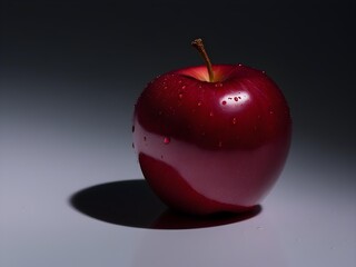 A vibrant red apple with a glossy surface sits against a black background, lit to reveal its texture, water droplets, and rich brown stem, with crisp shadows and soft reflections.