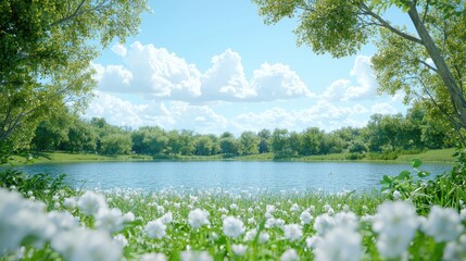 Serene lake, blooming flowers, lush trees, sunny day, idyllic nature scene, perfect for travel brochures