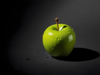 A glossy green apple with water droplets, subtle dimples, and a curved stem, illuminated against a deep black background, glowing with realistic depth and detail.