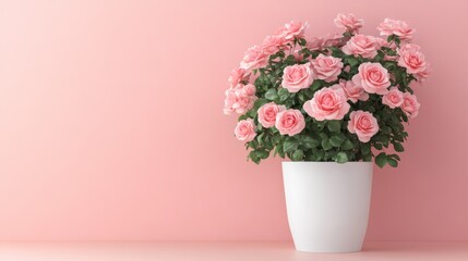 Pink roses in a white pot against a soft pink wall create a calming atmosphere in a bright indoor space