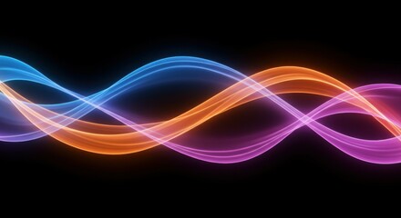 Naklejka premium colorful waves, abstract light trails, flowing energy, vibrant spectrum, smooth curves, dynamic motion, neon glow, black background, ethereal ribbons, futuristic design, digital art, minimalist compos