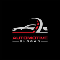 automotive logo design with car, speedometer and gear