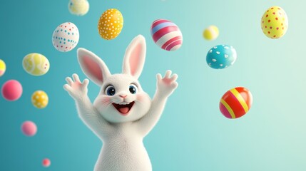 Obraz premium Happy bunny celebrating Easter surrounded by colorful decorative eggs in a bright, cheerful setting