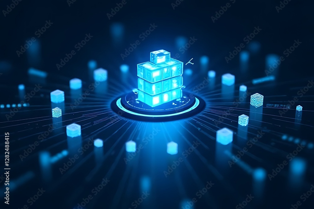 Poster blue glowing cubes form an abstract technological structure, interconnected via radiant lines.