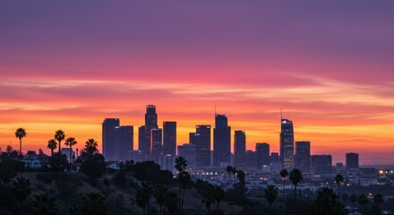 Fototapeta premium cityscape, Los Angeles skyline, vibrant sunset, orange and pink sky, silhouetted skyscrapers, palm trees, urban landscape, dramatic lighting, dusk, panoramic view, downtown LA, twilight, golden hour, 