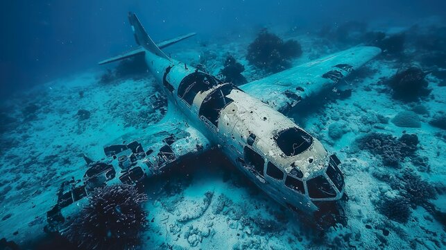 Wreckage of an airplane under the ocean

