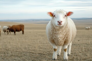 Obraz premium White lamb in field in front of other animals