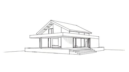 A minimalist architectural drawing of a modern house, clean lines, sharp angles, rendered in black ink on tracing paper, precise detailing, orthogonal perspective.